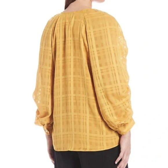 NWT Calvin Klein Sheer Plaid V-Neck Ruched Sleeve Top in Ochre Yellow Sz. 3X - Picture 2 of 2